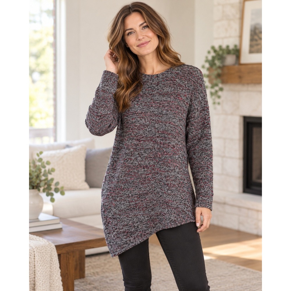 Pure Jill J. Jill Cashmere Wool Blend Asymmetrical Hem Tunic Sweater Gray Red M